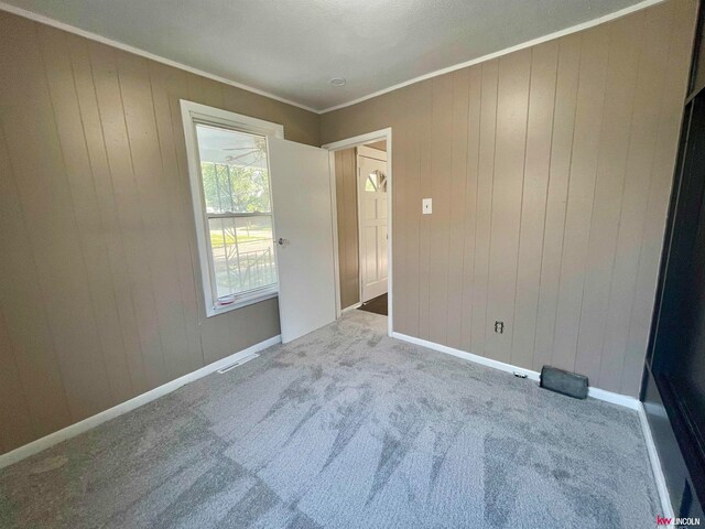 unfurnished room with light colored carpet and wooden walls