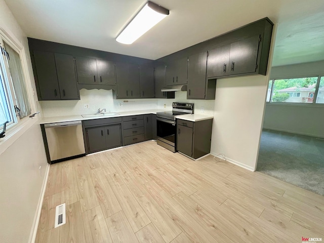 kitchen with appliances with stainless steel finishes, a wealth of natural light, light hardwood / wood-style floors, and sink