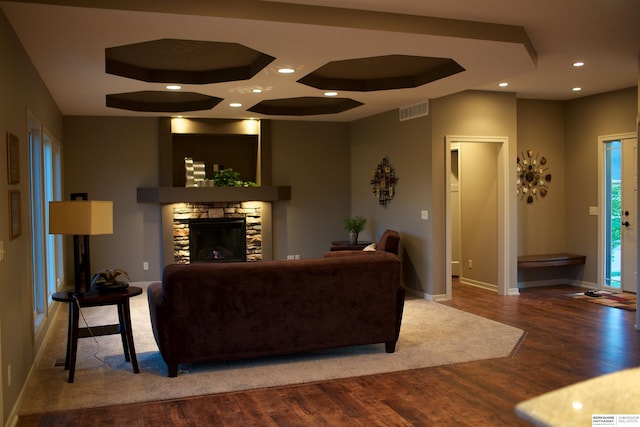 living room with a stone fireplace and wood-type flooring