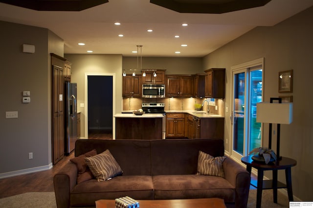 living room featuring sink and dark hardwood / wood-style flooring