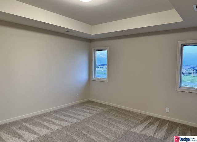 unfurnished room with a tray ceiling, plenty of natural light, carpet flooring, and baseboards