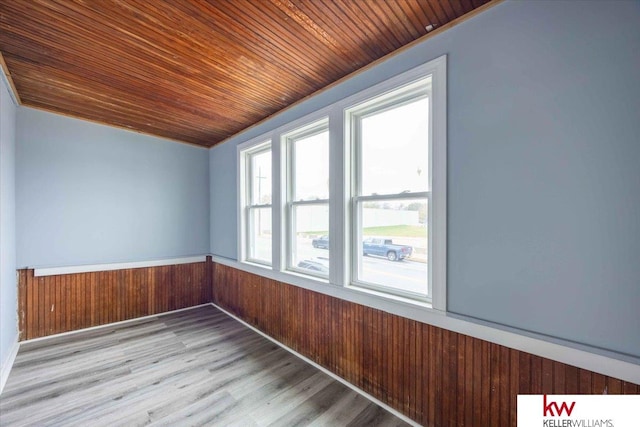 spare room with light wood-type flooring, wooden walls, and wood ceiling