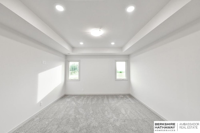 carpeted spare room featuring a tray ceiling