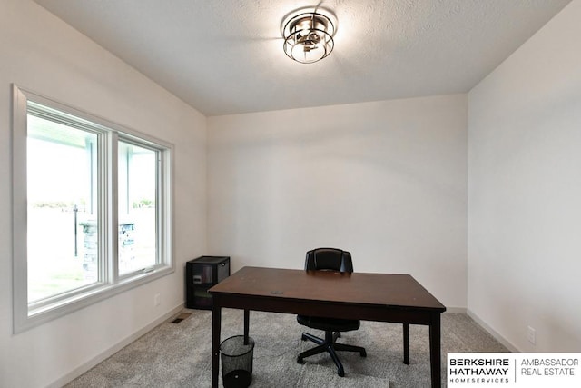 office area with a textured ceiling, plenty of natural light, and light colored carpet