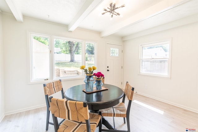 dining area featuring light wood-type flooring and beamed ceiling