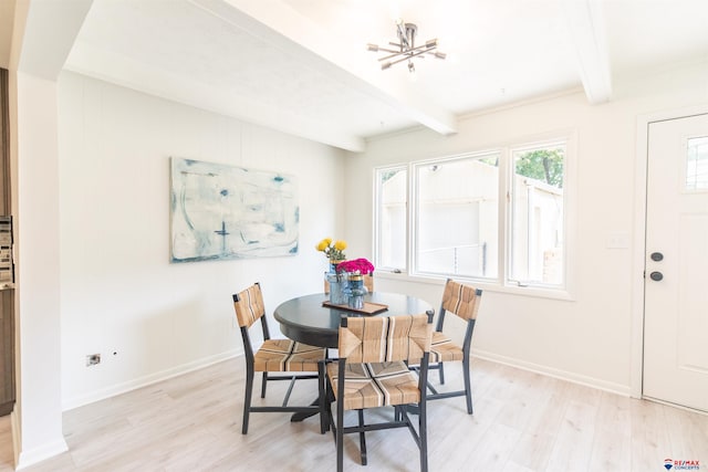 dining room with light hardwood / wood-style floors and beam ceiling