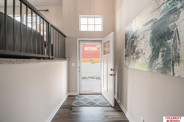 doorway to outside featuring dark wood-type flooring and a high ceiling