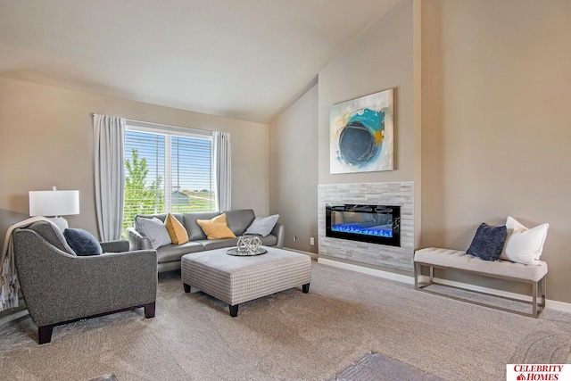 living room with carpet flooring and vaulted ceiling