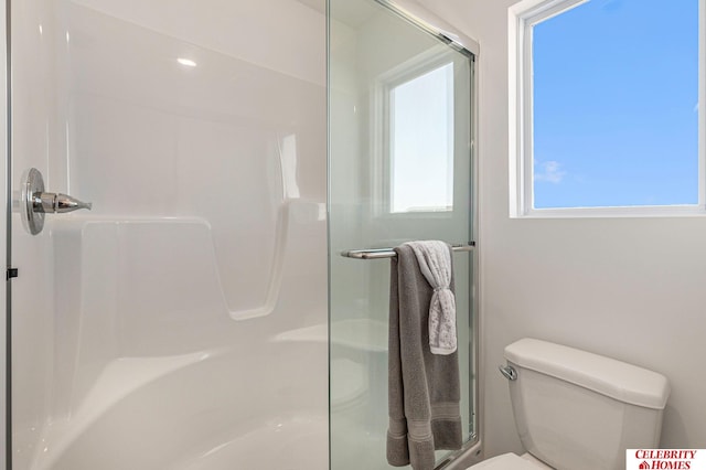 bathroom with plenty of natural light, toilet, and a shower with shower door