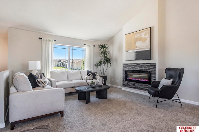 carpeted living room with lofted ceiling