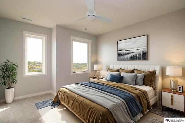 carpeted bedroom featuring ceiling fan