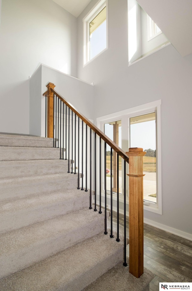 stairs with a high ceiling and hardwood / wood-style flooring