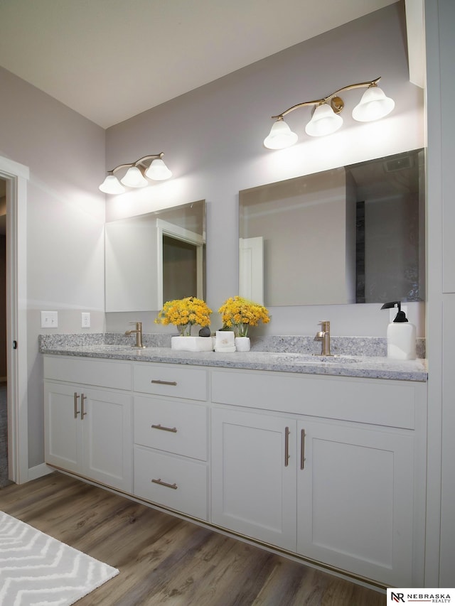 bathroom with vanity and hardwood / wood-style floors