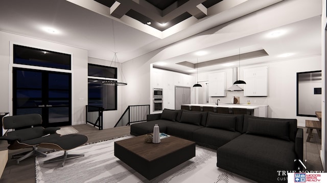 living room featuring a tray ceiling, light hardwood / wood-style flooring, and sink