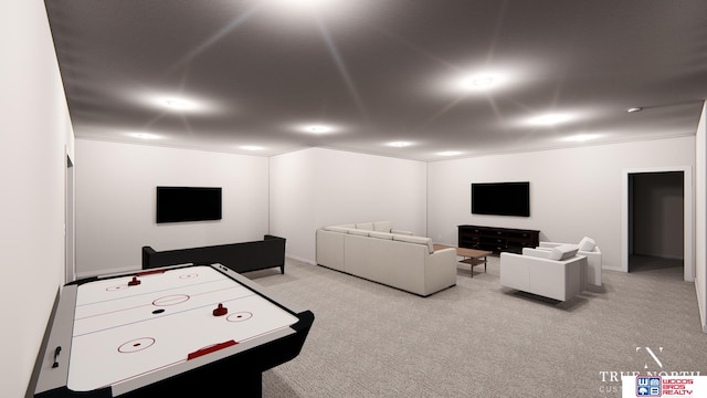 rec room with light carpet