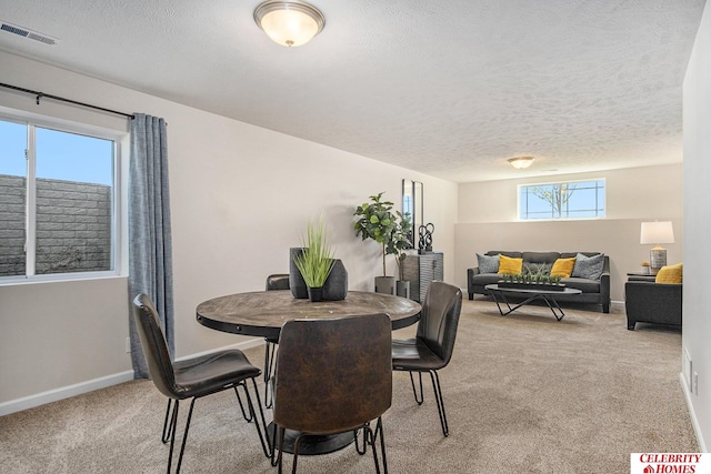 carpeted dining room featuring a textured ceiling