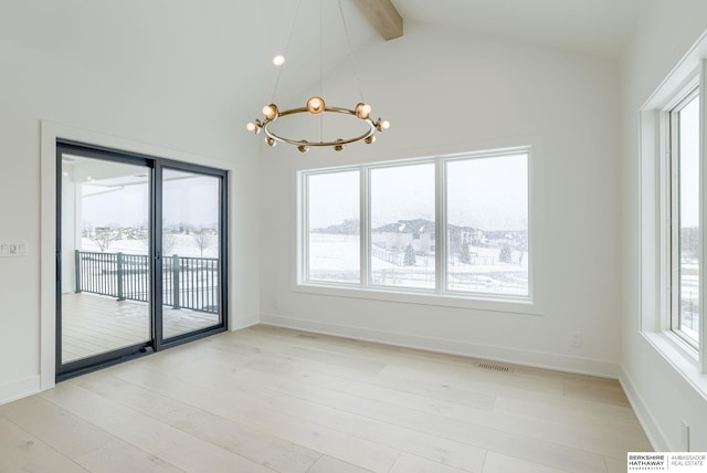 unfurnished dining area with an inviting chandelier, light wood-style flooring, beam ceiling, visible vents, and high vaulted ceiling