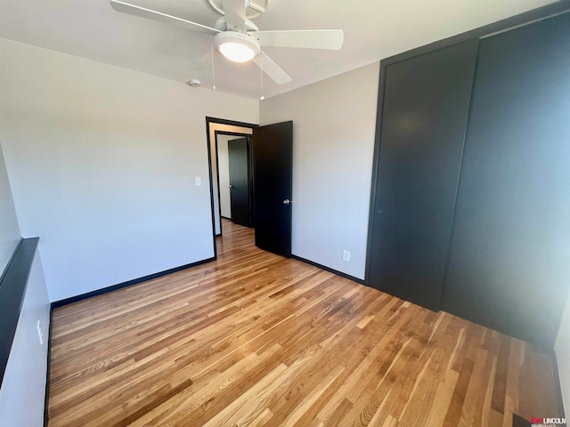 interior space with ceiling fan and light wood-type flooring