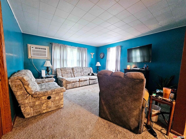 living room featuring carpet flooring and a wall unit AC