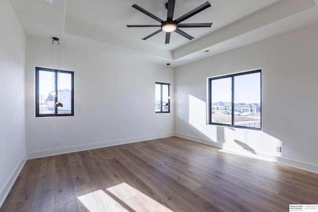 unfurnished room with a wealth of natural light, ceiling fan, a raised ceiling, and hardwood / wood-style flooring