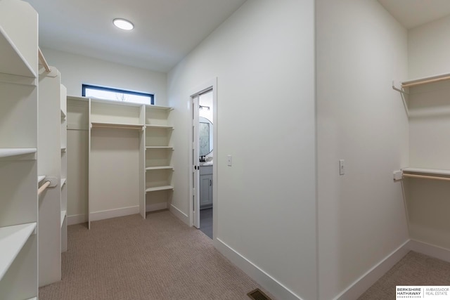 walk in closet featuring light colored carpet