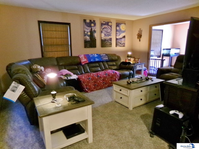 living room with light colored carpet