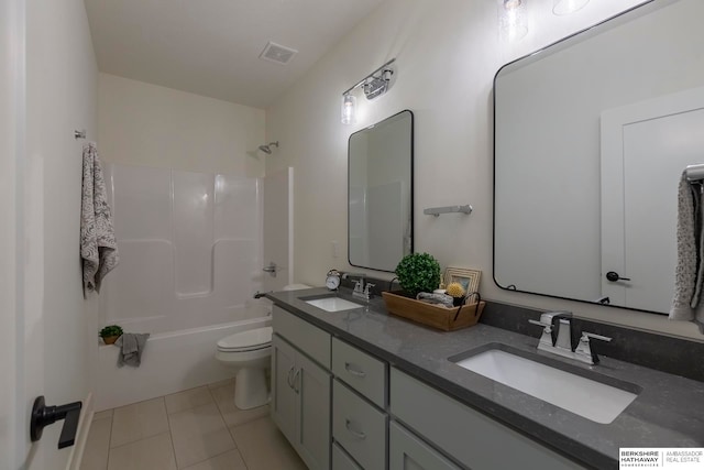 full bathroom with tile patterned flooring, shower / tub combination, vanity, and toilet