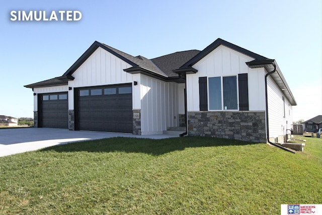 modern farmhouse with a front lawn and a garage