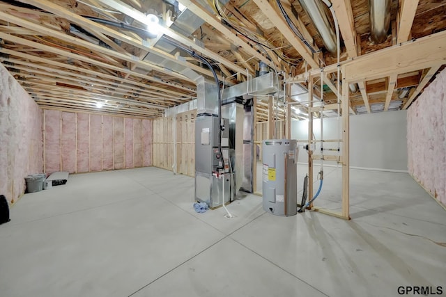 basement with electric water heater and heating unit