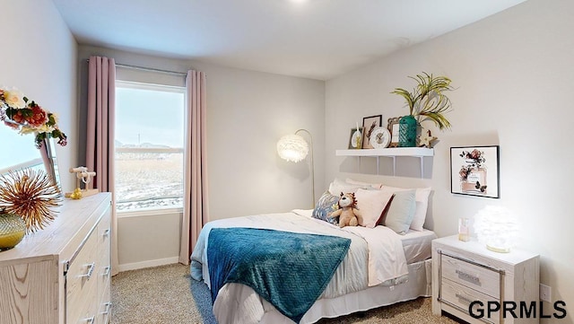 bedroom with light colored carpet