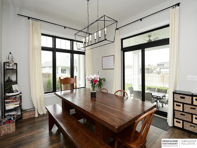 dining area with a notable chandelier, dark hardwood / wood-style flooring, and a wealth of natural light