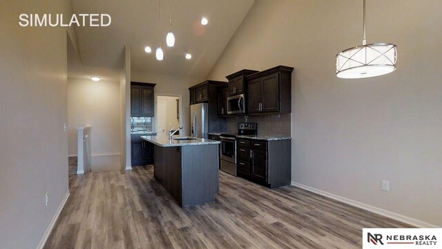 kitchen featuring an island with sink, stainless steel appliances, sink, and lofted ceiling