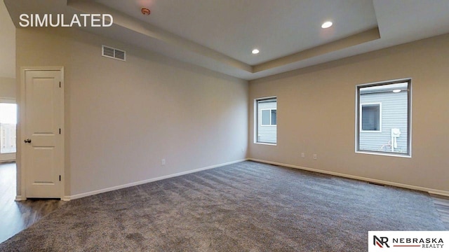 spare room with dark carpet and a raised ceiling