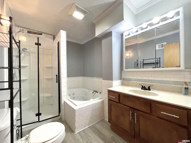 full bathroom featuring plus walk in shower, wood-type flooring, ornamental molding, vanity, and toilet