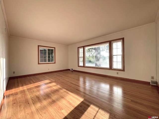 empty room featuring wood-type flooring and crown molding