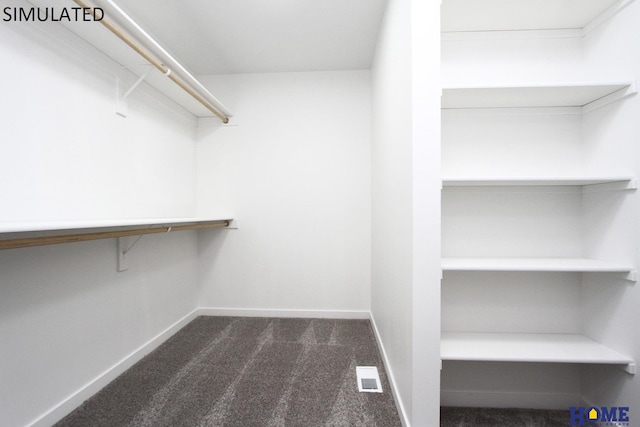 walk in closet with dark colored carpet