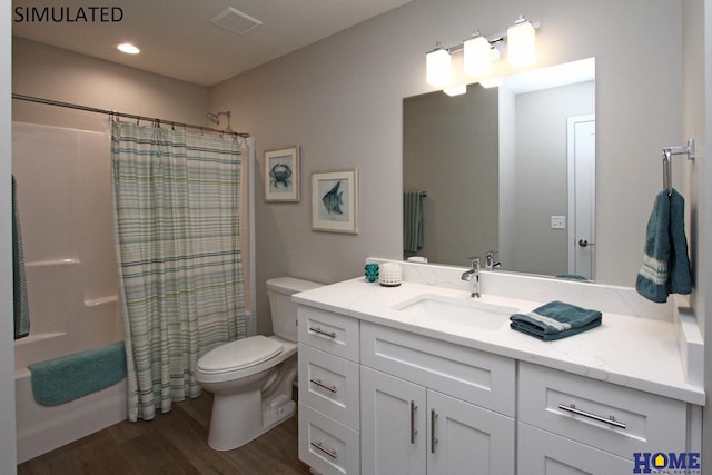 full bathroom with toilet, shower / tub combo with curtain, vanity, and hardwood / wood-style flooring