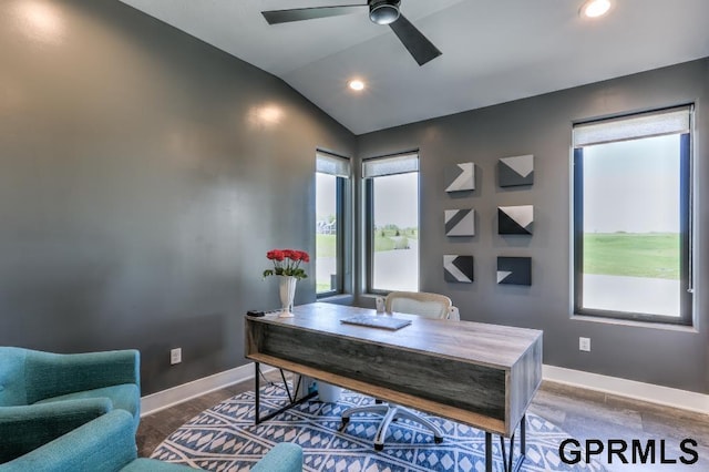 office area with lofted ceiling and ceiling fan