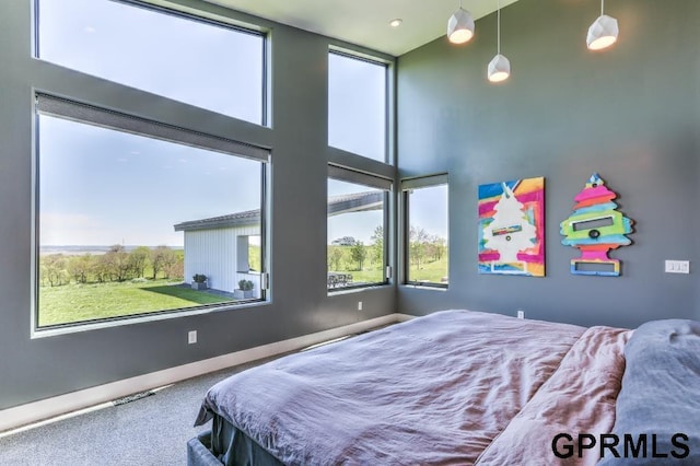 bedroom featuring a towering ceiling and carpet floors