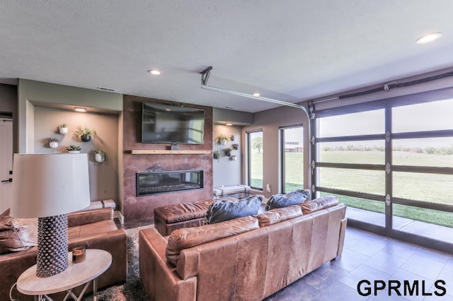 living room featuring a fireplace