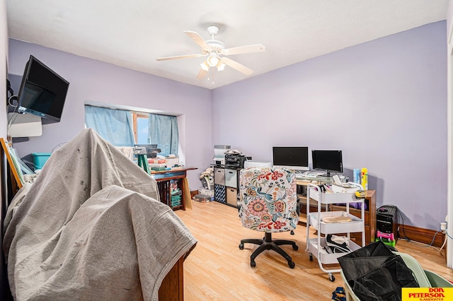 home office featuring wood-type flooring and ceiling fan