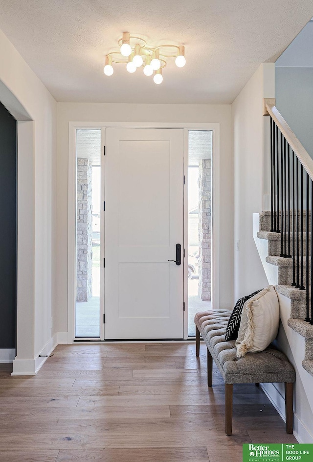 foyer entrance featuring a healthy amount of sunlight, a textured ceiling, and light wood-type flooring