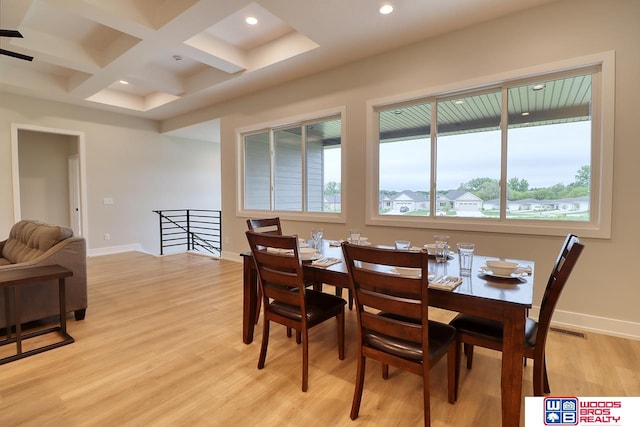 dining room featuring coffered ceiling, beam ceiling, and light hardwood / wood-style floors