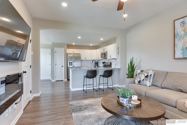 living room with a textured ceiling, hardwood / wood-style floors, ceiling fan, and sink