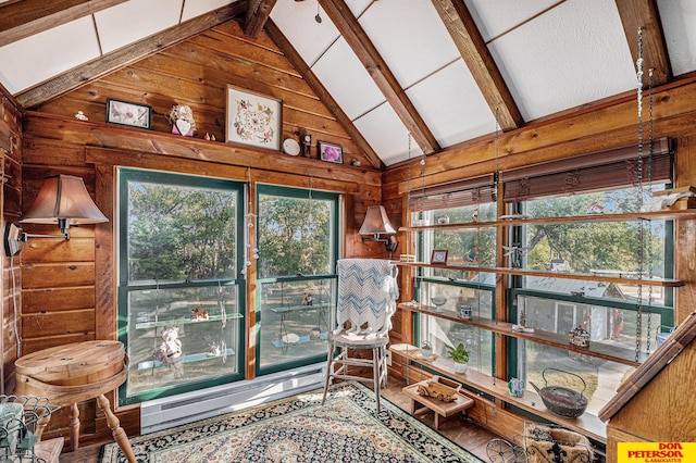 sunroom with vaulted ceiling with beams