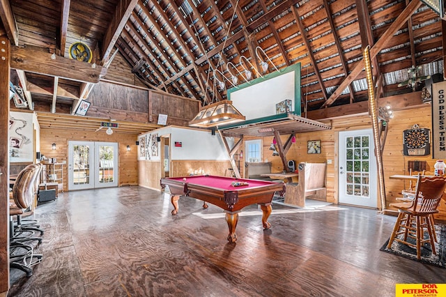 playroom featuring wood ceiling, pool table, high vaulted ceiling, wooden walls, and french doors