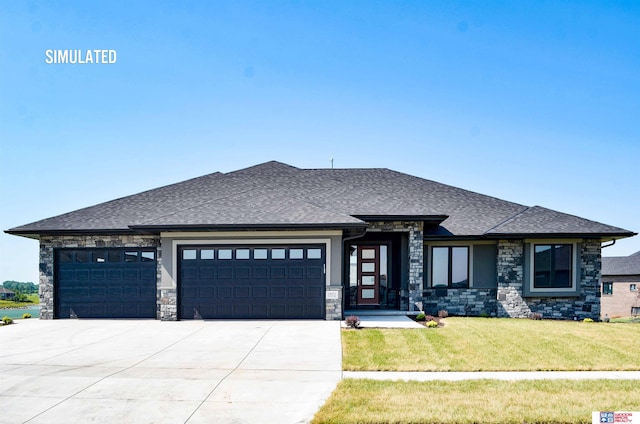 prairie-style home with a garage and a front lawn