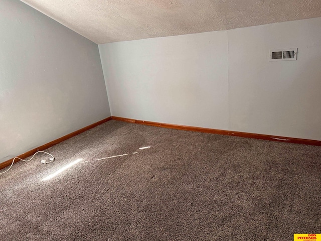 spare room with carpet, a textured ceiling, and vaulted ceiling