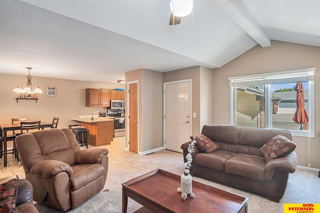 living room with vaulted ceiling with beams, ceiling fan with notable chandelier, and light tile patterned floors