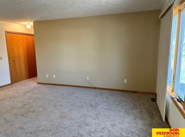 empty room featuring a healthy amount of sunlight, a textured ceiling, and carpet floors